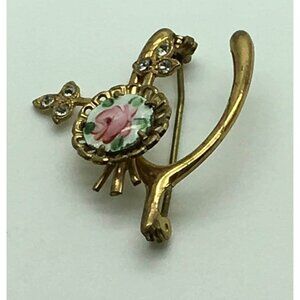 Vintage Enamel Wishbone Brooch, Rhinestone Rose, Good Luck Pin